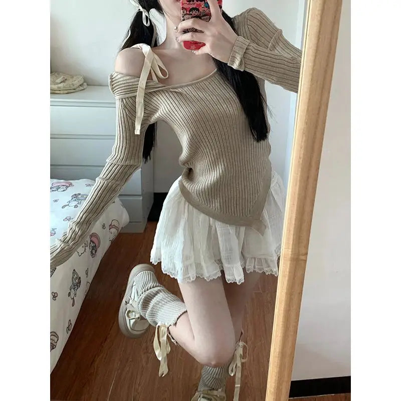 JazzHer-Set female 2024 Harajuku sense strapless asymmetric one-shoulder knitted bottoming shirt top half-body skirt spring new