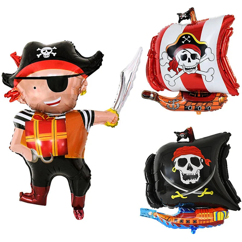 JazzHer Pirate Theme Disposable Tableware Happy Birthday Banner Pirate Ship Foil Balloons Kids Boy Birthday Party Decoration Baby Shower