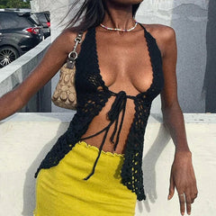 JazzHer Beach Style Crochet Halter Tops Vintage Knitted Front Tie Up Tank Vest Women Sexy Backless Crop Tops Y2K Clothes Summer Holiday