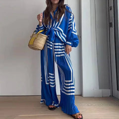 JazzHer Muslim Women Printing Shirt Sets Blouses Wide Leg Pants Ramadan Morocco Two Pieces Dubai Kaftan Loose Modest Casual Suits 2024