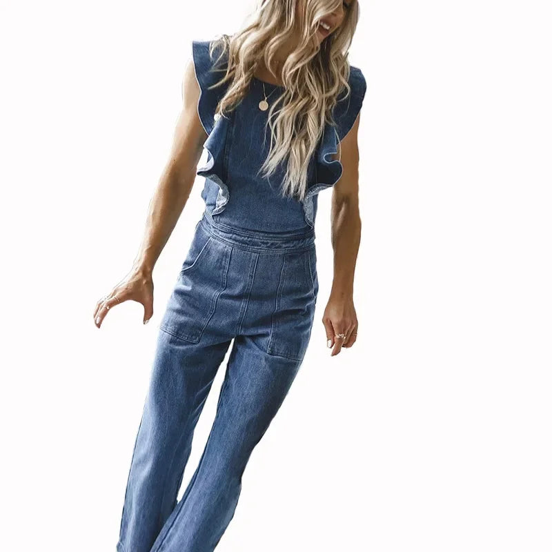 JazzHer Blue Denim Overalls Jumpsuit Rompers Women Ruffles Backless Autumn 2020 New Lady Casual Fashion Female Pants Hot Jeans KALENMOS