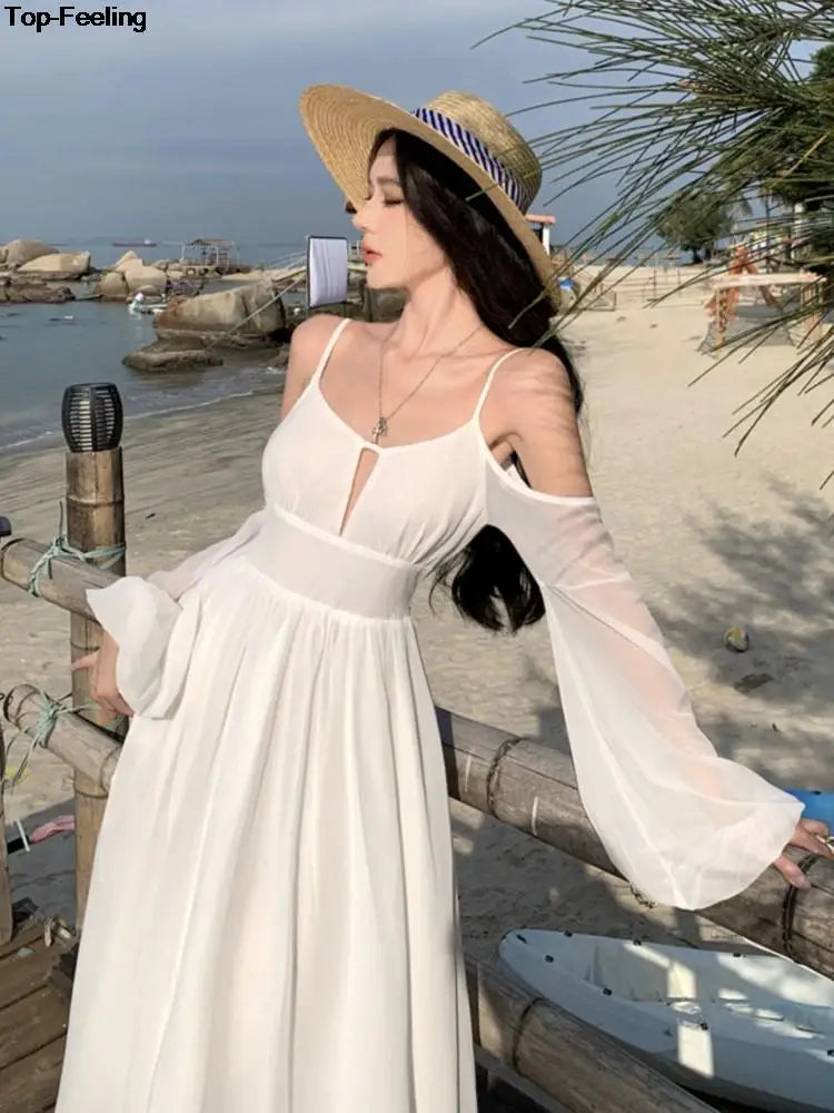 JazzHer Summer White Holiday Beach Long Dress Women Off Shoulder Backless Runway Vestidos Korean Chic A-line Sundress Clothes