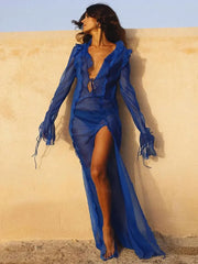 JazzHer Sexy V Neck Split Perspective Ruffle Drawstring Tight Beach Dress For Women Summer 2023 Elegant Party Maxi Dress Vestidos A1942