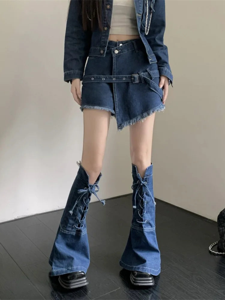 JazzHer-Streetwear Blue Cowboy Tops Coat Asymmetrical Design Lace Up Denim Mini Skirt Autumn Three Piece Sets Womens Outfits