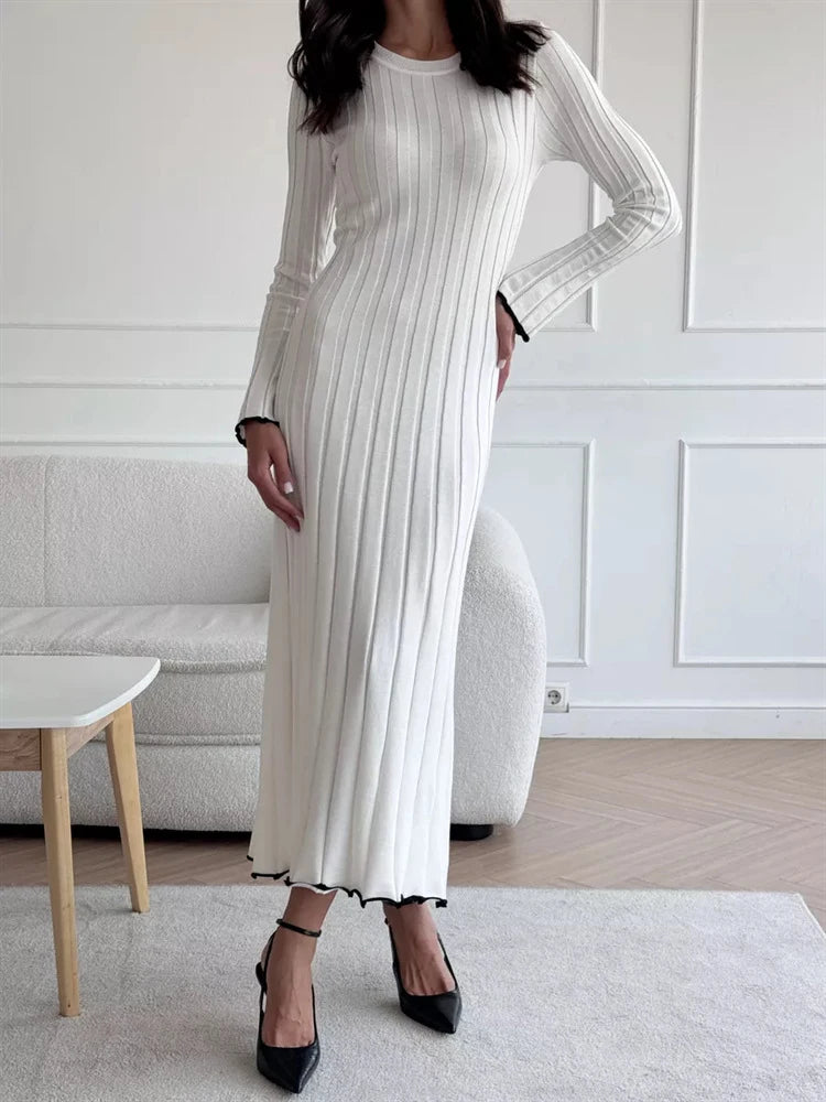 JazzHer TARXUXY Long Sleeve Knitted Dress For Women Autumn Winter Slim Sexy Striped Sweater Long Dresses Female Elegant Party Clothes