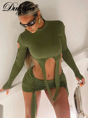 JazzHer Women Bandage Sexy Y2K Clothes 2 Piece Set Hollow Out Long Sleeve Crop Top High Waist Mini Skirts Suit Club Streetwear