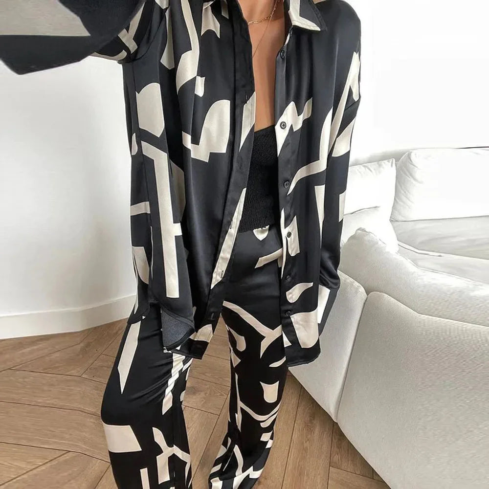 JazzHer Women Elegant Print 2 Piece Set Lapel Long Sleeved Top Loose Straight Leg Pants Suit Streetwear Blouse Shirt 2024 Office Lady