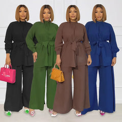 JazzHer Two Piece Sets Women Solid Blouse Wide Leg Pants Suit Tops Tight Waist Sashes Trousers Loose Ensemble Temperament Outfits