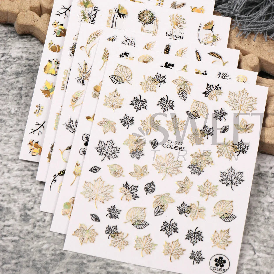 JazzHer Laser Gold Geometry Maple Nail Manicure Stickers Shinning Autumn Leaves Frame Ginkgo Decals Fall DIY Decoration Sliders LYCJ-076