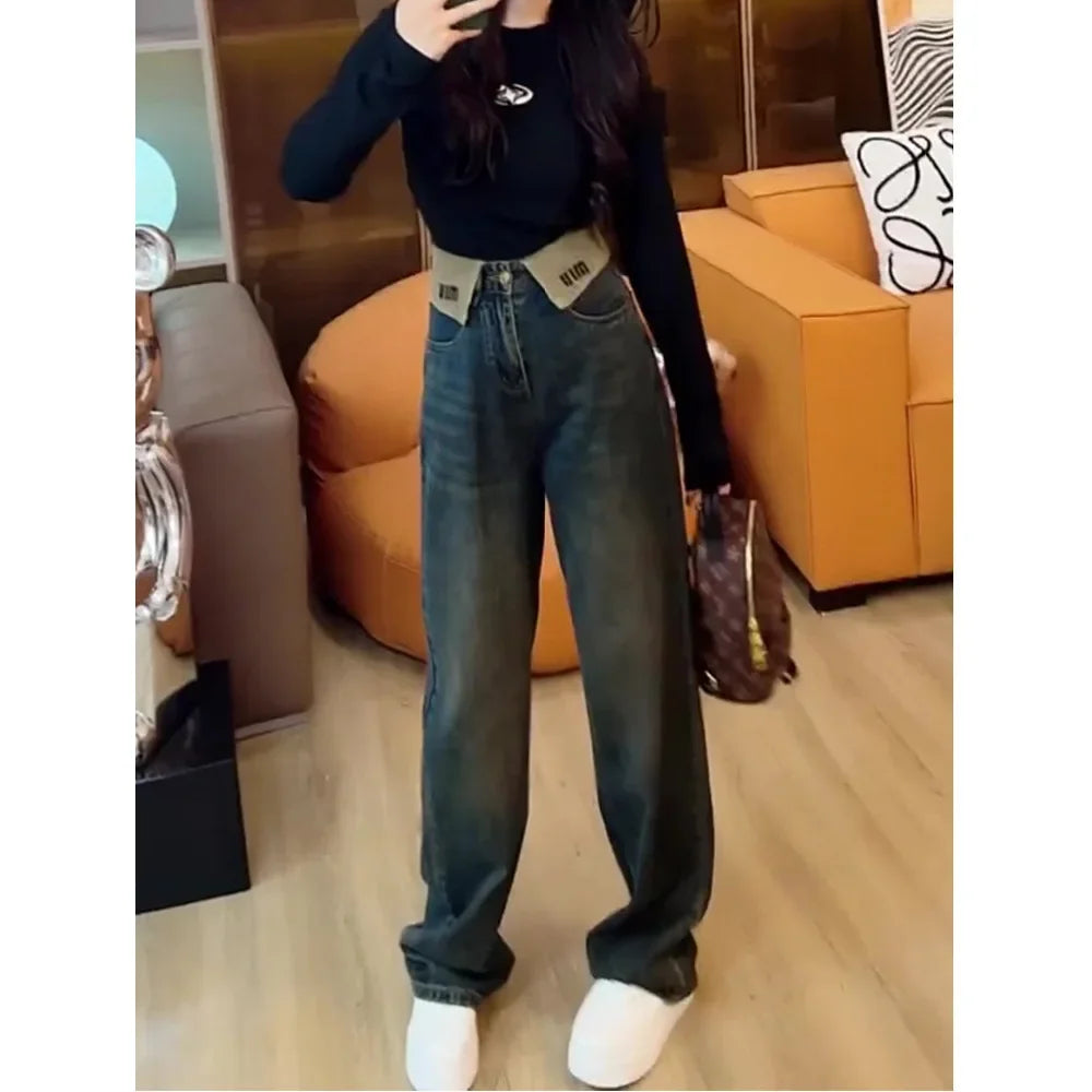 JazzHer Jeans Women Denim Full Length High Waist Pockets Cuffs Trousers Female Denims 2024 Streetwear Vintage Straight Wide Leg Pants