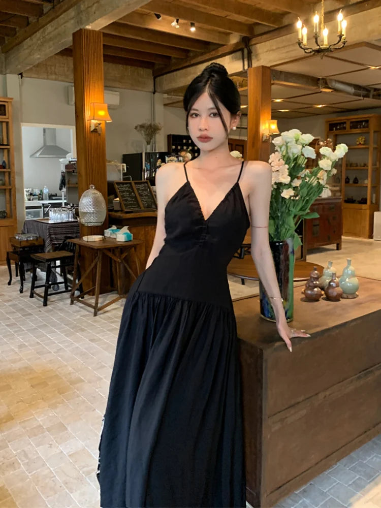 JazzHer Summer Dresses Korean Chic Simple Casual Women's Dresses Elegant Sleeveless Solid Color Sexy Backless Camisole Midi Long Dresses