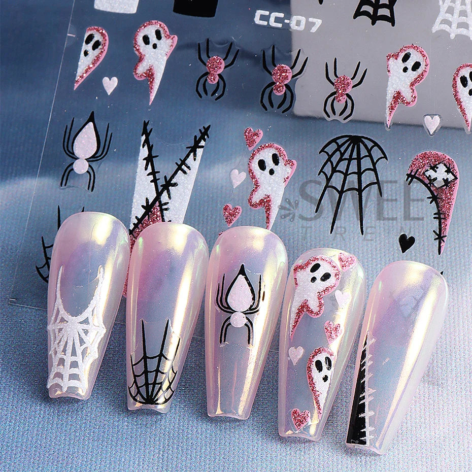 JazzHer 3D Luminous Halloween Ghost Nail Art Stickers Spider Web Bat Self-adhesive Sliders Nail Glowing in the Dark Manicure Decoration