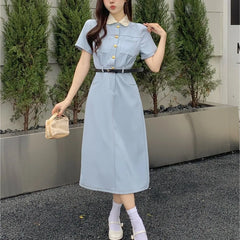 JazzHer-Casual Dresses for Women 2024 Doll Collar Short Sleeve Fashion New Summer Women's Clothes Chic Elegant Female Midi Dress