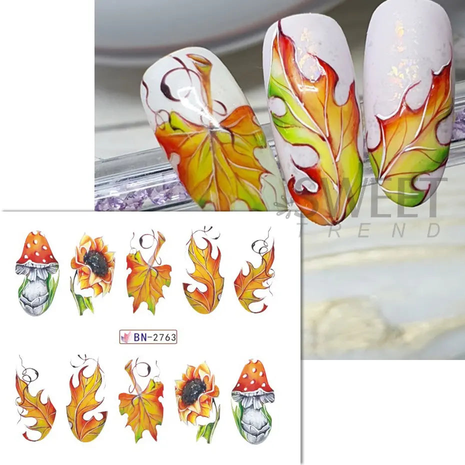 JazzHer 12pcs Autumn Maple Leaf Nail Sticker Pumpkin Fall Nail Decals Mushroom Water Transfer Slider Nail Decoration Foils Accessories