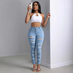 JazzHer Ripped Hole Jean Sheath Pencil Ankle Length Pants Women Washed Distressed Jean Skinny Denim Pants Pockets High Street Solid