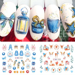 JazzHer 12pcs Cute Christmas Nail Stickers Cartoon Animal Design Penguin Bird Cat Dog Bear Nail Slider Water Decals Decoration Manicure