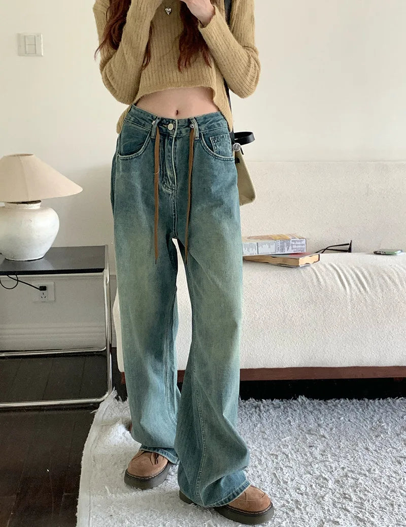 JazzHer Vintage Wide Leg Full Length Denim Pants Women Straight Jeans Loose Fit Pockets Basics High Waist Washed Distressed 2024