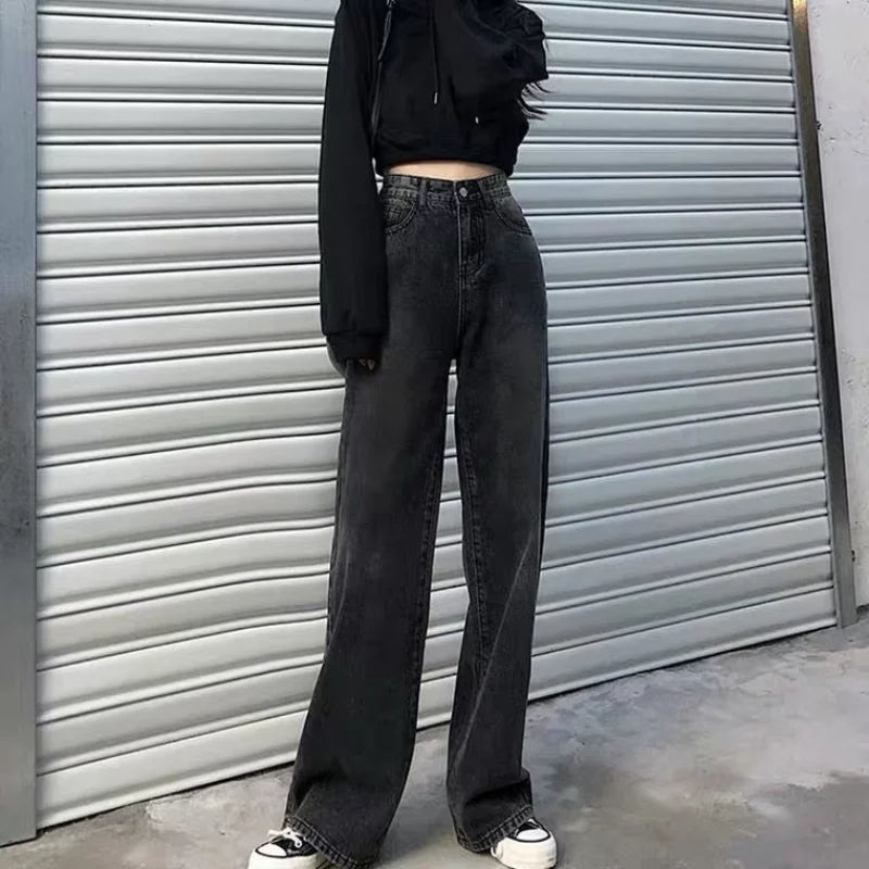 JazzHer American New Old Strap Stitching Hole Micro-La  Baggy Jeans Female Y2K Fashion High Design Relaxed Casual Straight Wide-leg Pant