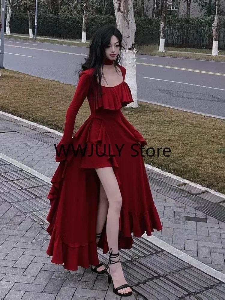 JazzHer 2024 Spring Women Elegant Long Slevee Midi Dress Female Red Square Collar Ruffle Party Dress Christmas Irregular Prom Dress