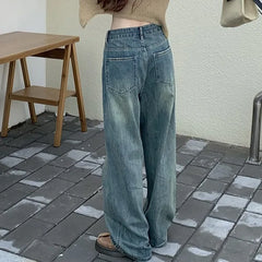 JazzHer Vintage Wide Leg Full Length Denim Pants Women Straight Jeans Loose Fit Pockets Basics High Waist Washed Distressed 2024