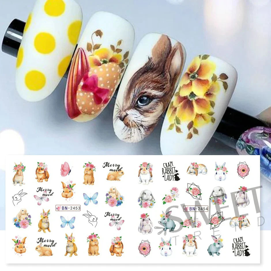 JazzHer Cute Rabbit New Year Nail Stickers 3D Cartoon Wisdom Bunny Transfer Sliders Spring Flowers Watercolor Anime Manicure Decals LYBN