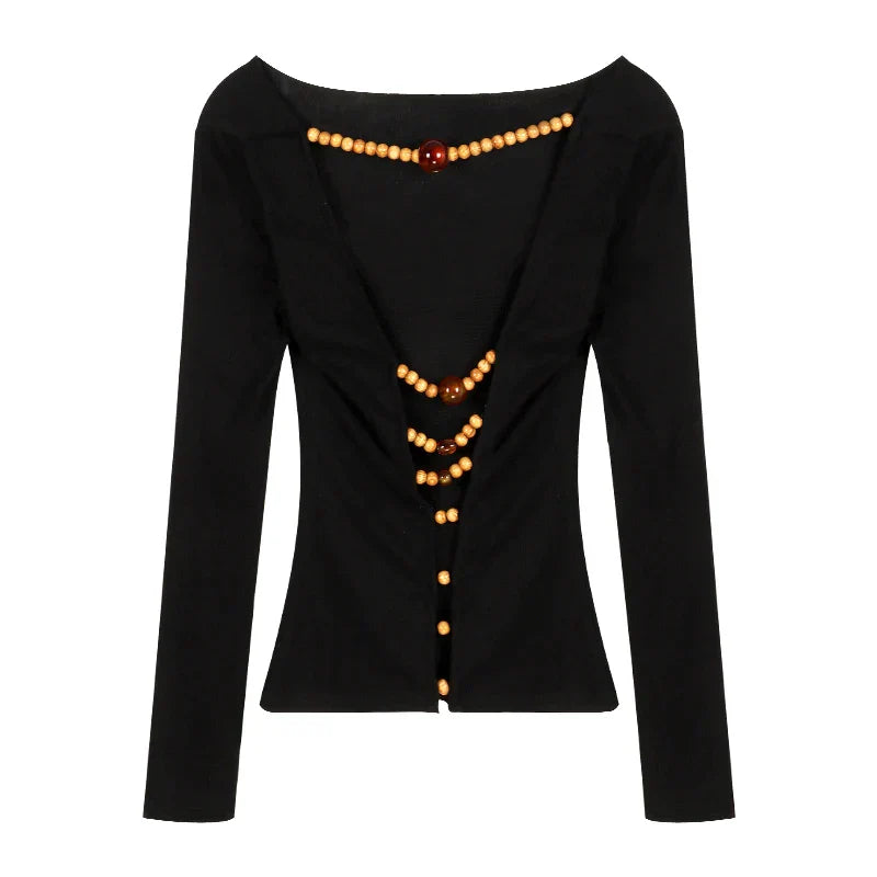 JazzHer-Shoulder Blackless T Shirts Women Sexy Coquette Aesthetic Crop Tops Wooden Beaded Solid Long Sleeve Tees 2024 New