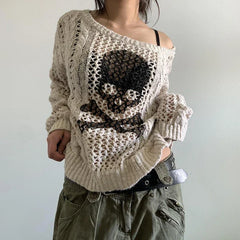 JazzHer 2024 Fall Fashion Harajuku Grunge Y2K Aesthetics Retro Jumpers Skeleton Print Hollow Out Knitted Sweater Autumn Full Sleeve Pullovers Korean