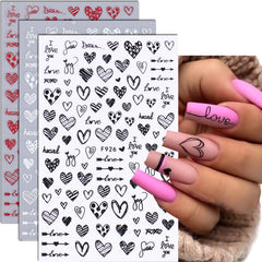 JazzHer Black English Letter Love 3D Nail Art Stickers New Valentine's Day Decals Nail Supplies Red Lips Line Stickers For Nails Slider