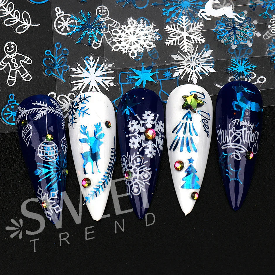 JazzHer Laser Blue Winter Snowflakes Nail Polish Sticker 3D Merry Christmas Snowflakes Deer Decal Sparkly White Manicure Decor LYSW-G020