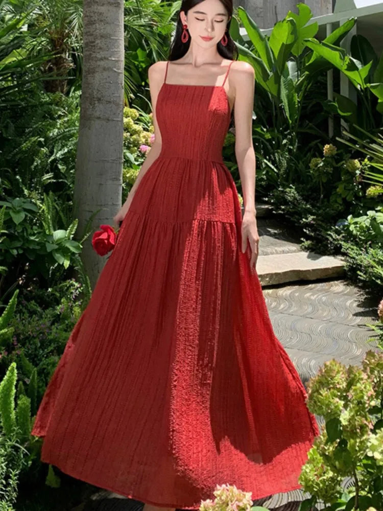 JazzHer New Summer Long Dresses for Women Solid Holiday Beach Style Spaghetti Strap A-line Backless Party Dress Casual Robe Vestido