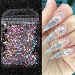 JazzHer Holographic Star Four-pointed Star Nail Paillettes Sparkly Laser Design Sequin Charm Glitter Flake Shinning Manicure Decor Slice