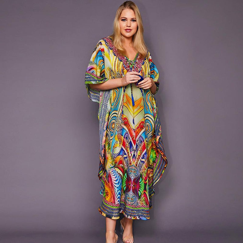 JazzHer 2024 Bohemian Printed Summer Holiday Dress Blue Tunic Women Beach Wear Kaftan V-Neck Bats Sleeve Maxi Dress Robe Q956