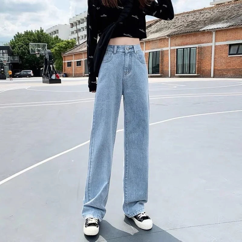 JazzHer American New Old Strap Stitching Hole Micro-La  Baggy Jeans Female Y2K Fashion High Design Relaxed Casual Straight Wide-leg Pant