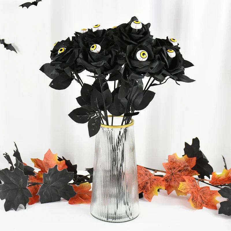 JazzHer 1/5Pcs Halloween Flowers Artificial Black Rose With Eyeball For Halloween Home Decoration Party Horror Props DIY Bouquets Craft