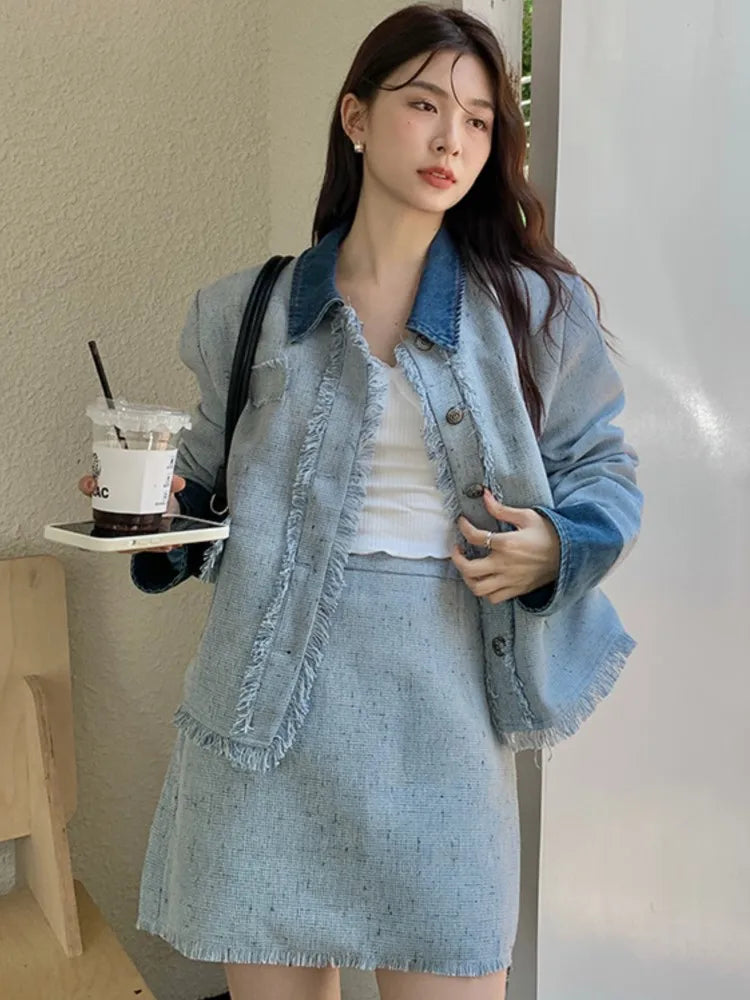 JazzHer-2-Piece Set for Women Half Skirts Sets Turn Down Collar Patchwork Coat Mini Skirt Fashion Female Denim Suit Autumn Winter New