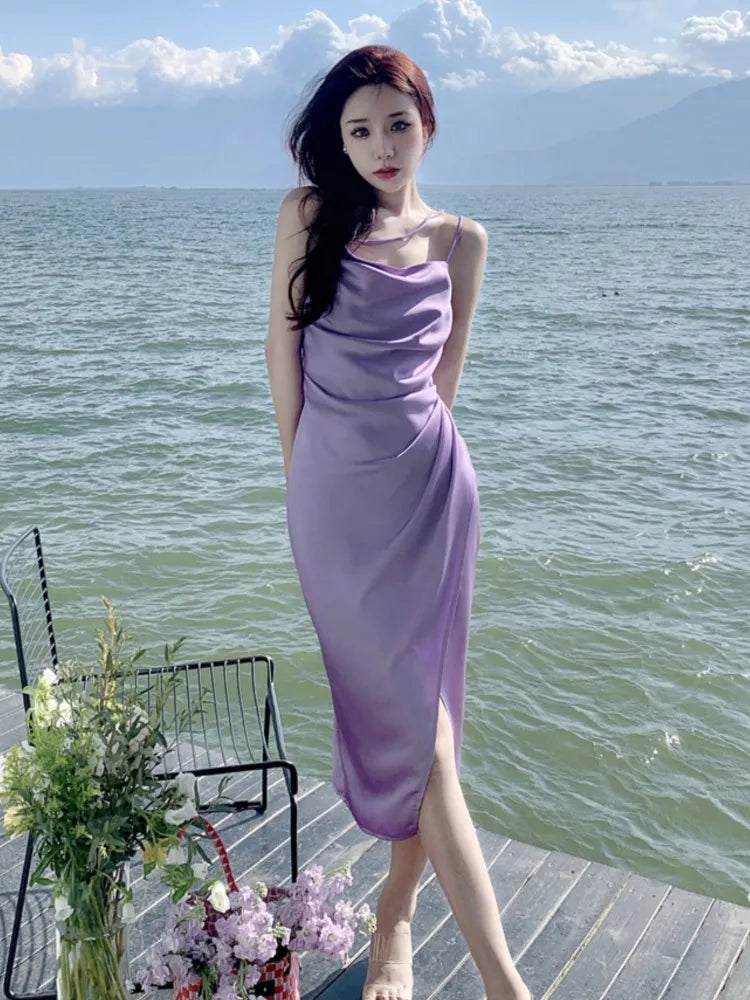 JazzHer Summer Elegant Satin Graduation Party Midi Dress Women France Chic Slim Spaghetti Straps Robe Korean Folds Clothes