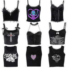 JazzHer Harajuku Grunge Corset Crop Top Lace Trim Sleeveless Tank Top Gothic Black Emo Alt Clothes y2k Punk Vest Women Streetwear