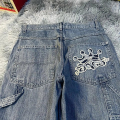 JazzHer JNCO Crown Graphic Embroidery Retro Wash Jeans Y2k Punk High Waist Blue Denim Pants Gothic Men Women Straight Leg Trousers