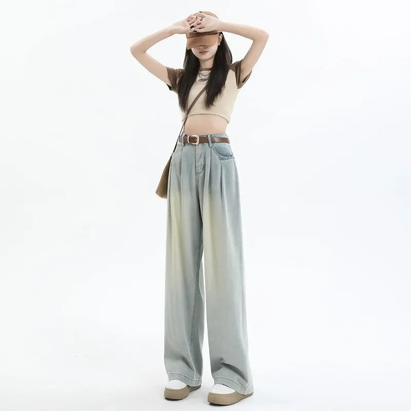 JazzHer Women Vintage Jeans High Waist Loose Basics Denims Wide Leg Pants Zipper Fly Causal Denim Full Length Female Straight Trousers