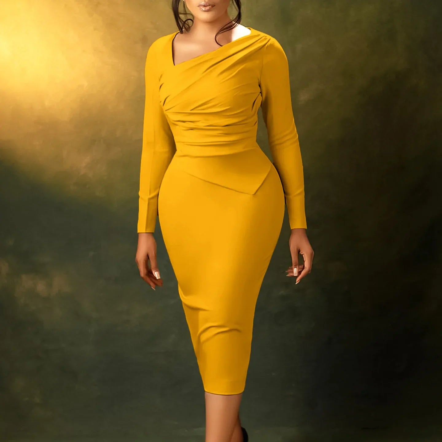 JazzHer 2024 Autumn Women Long Dress Diagonal Collar Tight Waist Full Sleeve A Line Vestidos Temperament Office Lady Sheath Dresses