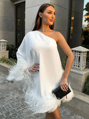 JazzHer Elegant One Shoulder Feather Spliced Mini Dress Sexy Backless Long Sleeves Loose Vestidos Elegant Lady Party Club Robes