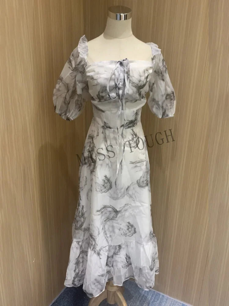 JazzHer Summer Floral Print Dress Women Sexy French Style Vintage Party Midi Dresses Casual Korean Fashion Elegant Retro Dress 2024 New