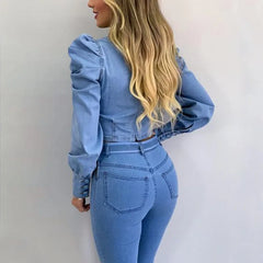 JazzHer Denim Blue Women blouse Round Neck Puff Sleeve Corset Top Long Sleeve Shirt Sexy Tops Blouses Denim Top Shirt Sweetheart Slim