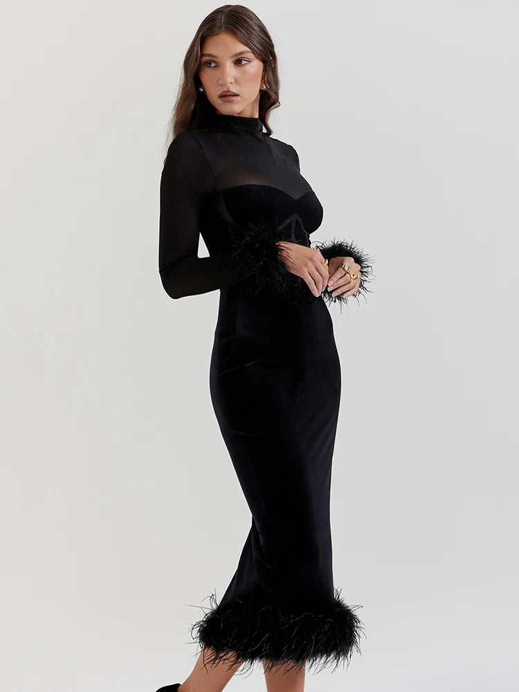 JazzHer Elegant Feather Sexy Midi Dress For Women Black Fashion Sheer Long Sleeve Backless Bodycon Club Party Long Dress