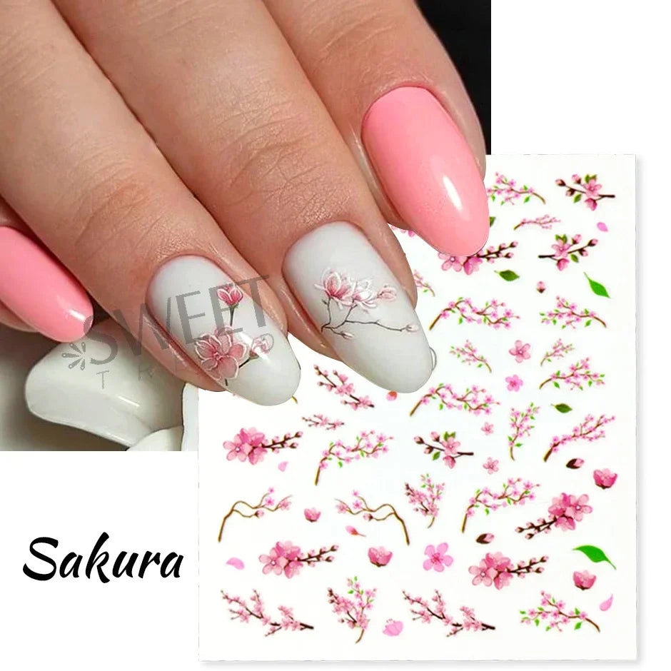 JazzHer Fresh Spring Simple Flower Nail Decoration Stickers Magnolia Sakura Floral Pattern Elegant Adhesive Sliders Manicure Decals LYDP