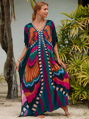 JazzHer Bohemian Butterfly Printed V Neck Batwing Sleeve Dresses For Women Clothing 2023 Beach Wear Causal Long Dress Vestidos Q1342
