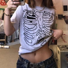 JazzHer 00s Retro Aesthetic Mall Goth Pullover Tops Skeleton Bone Graphic Print T Shirt Harajuku Short Sleeve Loose Tees Women Vintage