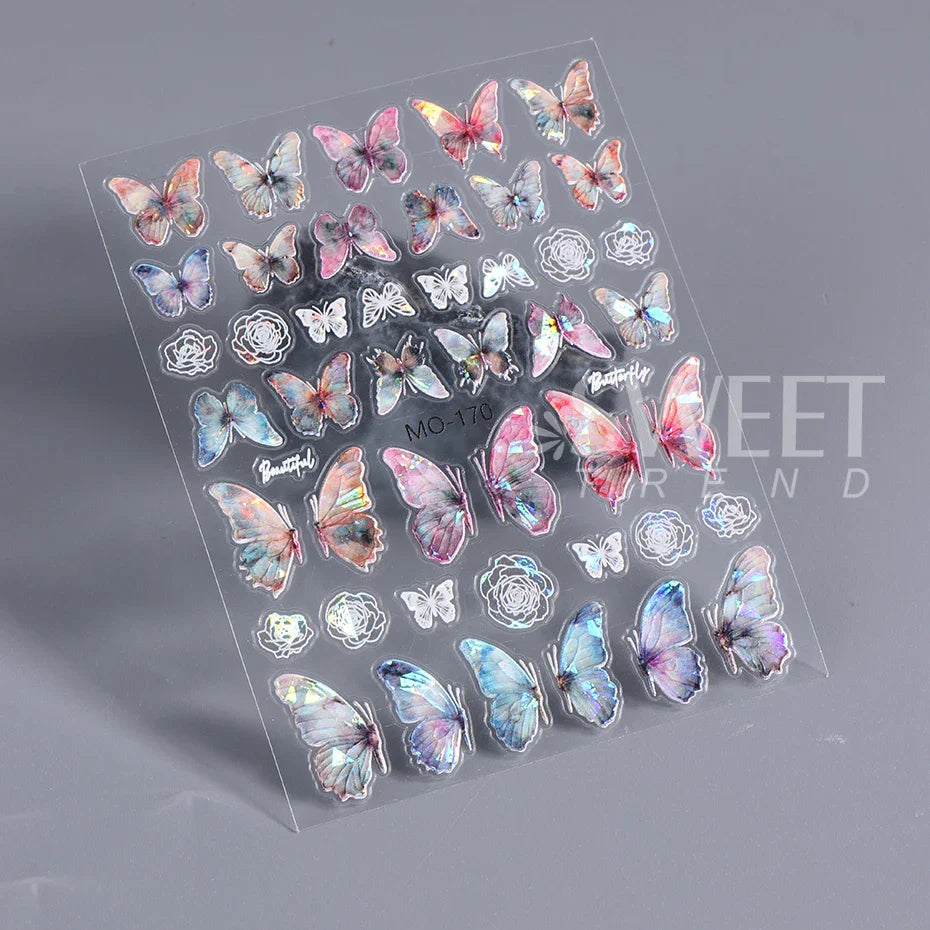 JazzHer 5D Acrylic Aurora Shell Butterfly Nail Stickers Decals Kawaii Design Cartoon Embossed Sliders DIY Manicure Art  Accessories Tips