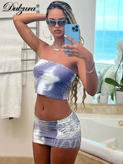 JazzHer Sexy Y2K Clothes 2 Piece Sets Tie Dye Print Sleeveless Backless High Waist Mini Skirts Matching Suit Outfits Club Party