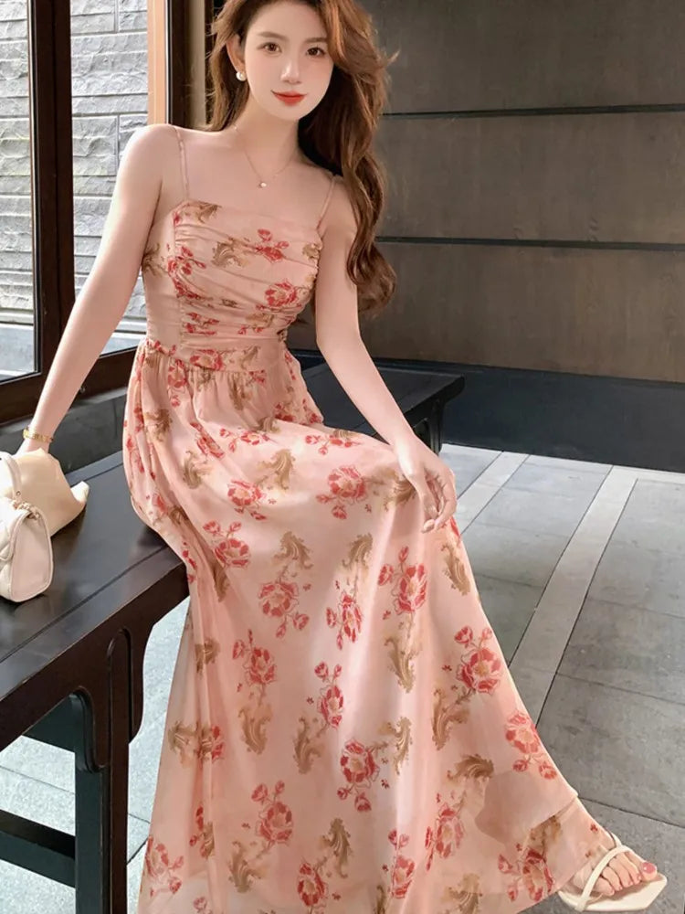 JazzHer Summer New Floral Printed Midi Dresses for Women Spaghetti Strap A-line Sweet Casual Korean Fashion One Piece Vestidos Mujer